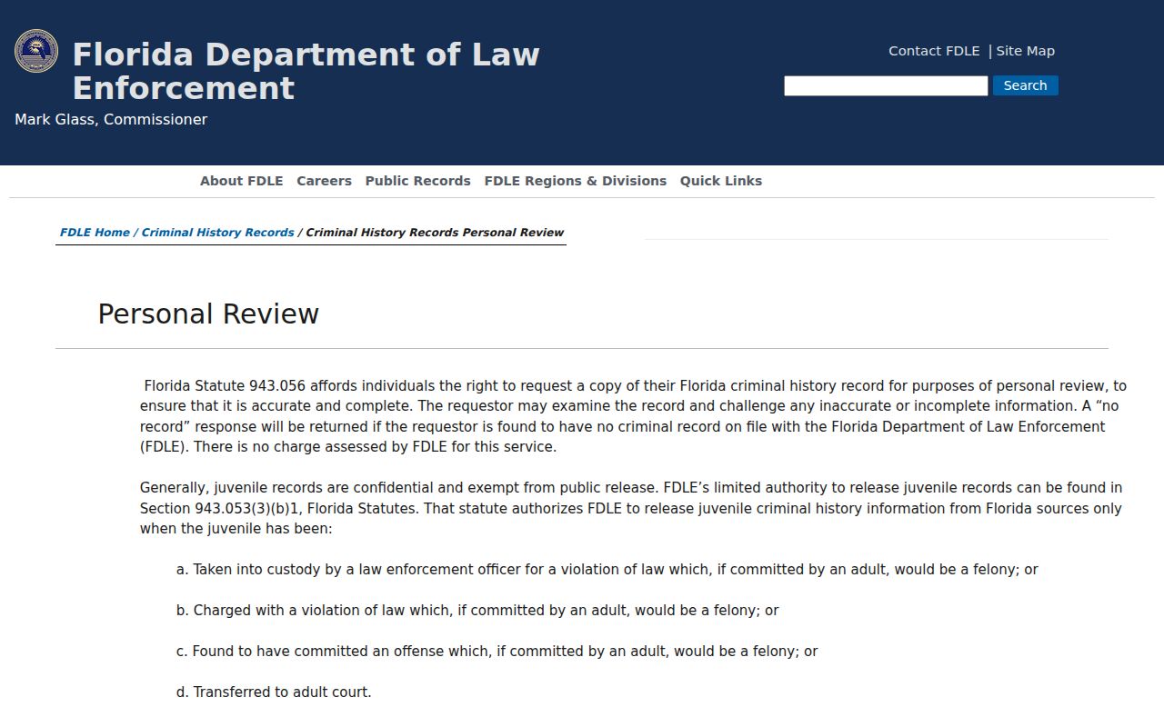 FDLE Personal Review criminal history instructions