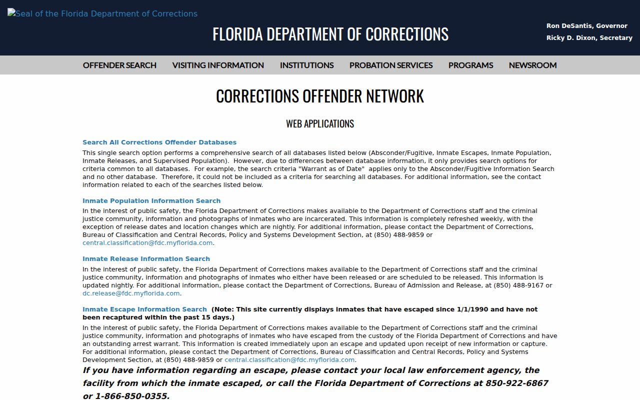 Florida Department of Corrections inmate search menu for Raiford-area custody research