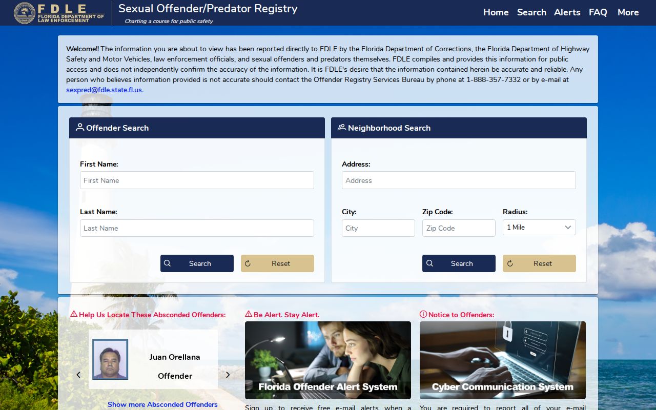 Union County sex offender lookup on the Florida registry home screen
