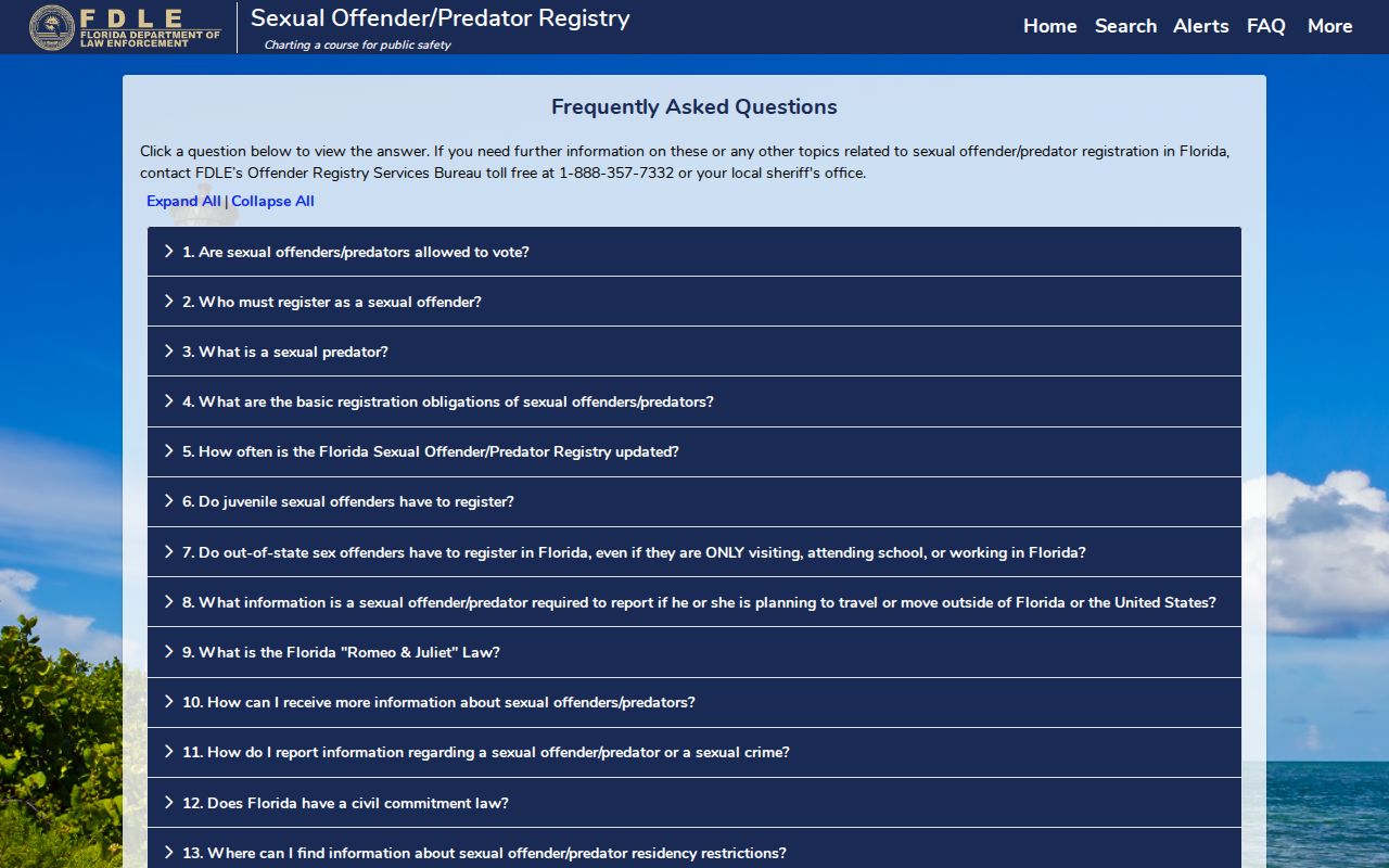 Union County sex offender registration duties on the FDLE registry questions page