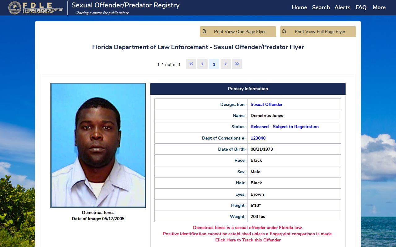 Union County sex offender registry profile field layout